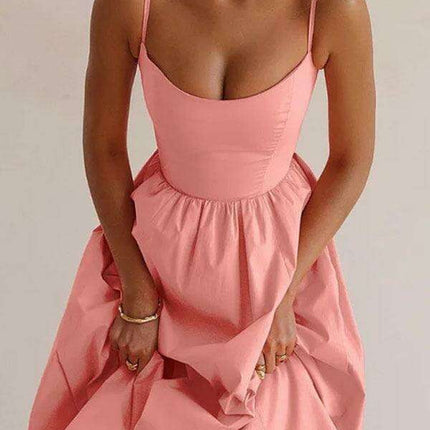 Boho Chic Pleated Suspenders Dress with U-Neck and Dropped Sleeves