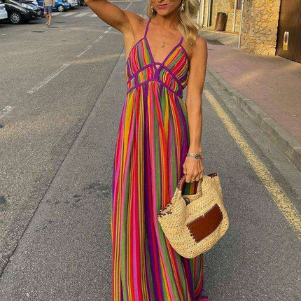 Bohemian Chic Rainbow Striped Summer Dress for Stylish Women