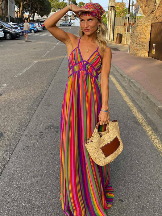 Vibrant Rainbow Striped Boho V-Neck Summer Dress with Chic Details for Women