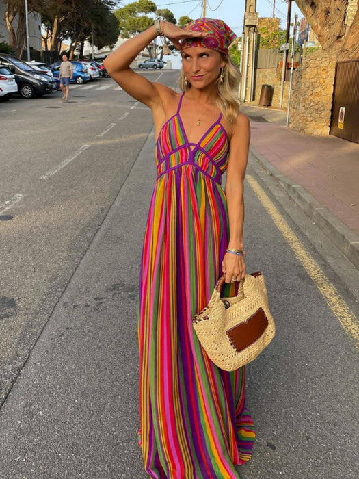 Rainbow Striped Boho V-Neck Summer Dress with Vibrant Details for Stylish Women