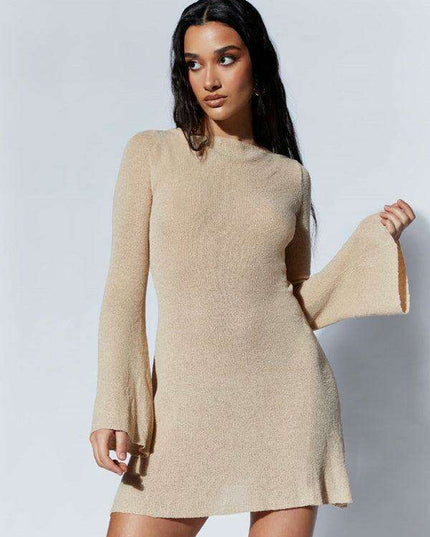 Bohemian-Inspired Backless Striped Knit Dress with Flowy Bell Sleeves for Women