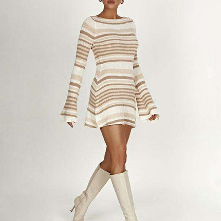 Bohemian-Inspired Backless Striped Knit Dress with Flowy Bell Sleeves for Women