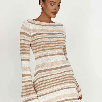 Bohemian-Inspired Backless Striped Knit Dress with Flowy Bell Sleeves for Women