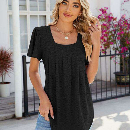 Chic Square Neck Bell Sleeve Pleated Top - Women's Fashionable and Comfortable T-Shirt