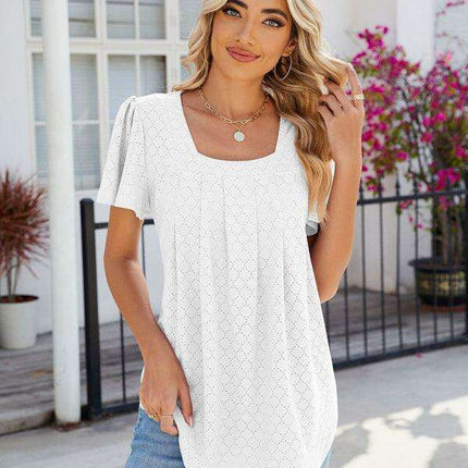 Chic Square Neck Bell Sleeve Pleated Top - Women's Fashionable and Comfortable T-Shirt