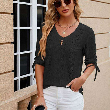 Stylish V-neck Drawstring Tee with Button Details and Three-Quarter Sleeves for Everyday Elegance