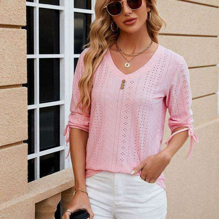 Stylish V-neck Drawstring Tee with Button Details and Three-Quarter Sleeves for Everyday Elegance