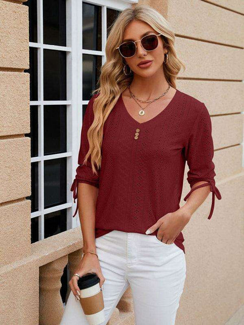 Stylish V-neck Drawstring Tee with Button Details and Three-Quarter Sleeves for Everyday Elegance