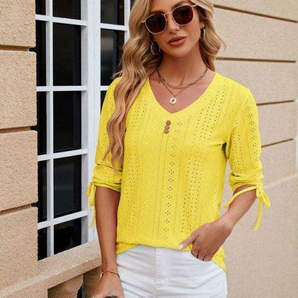 Stylish V-neck Drawstring Tee with Button Details and Three-Quarter Sleeves for Everyday Elegance