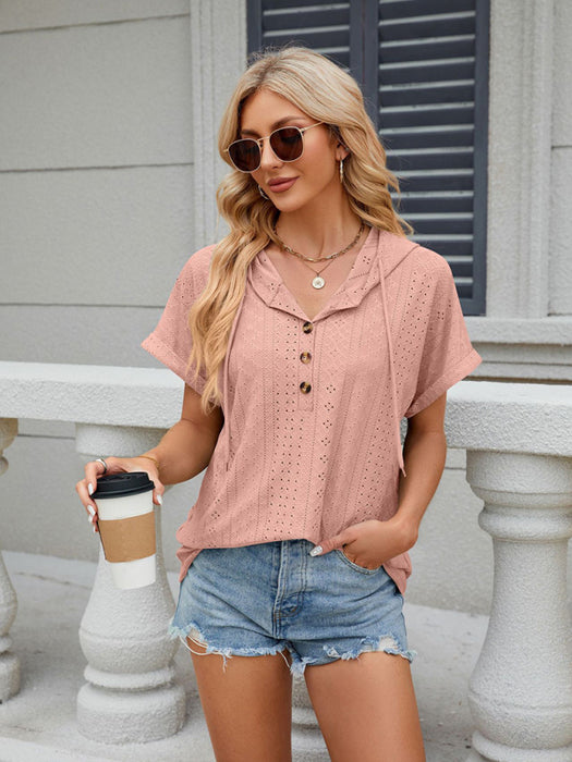 Hooded Drawstring Button-Up Women's Tee with Short Sleeves - Leisure Style