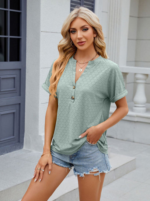 V-neck Button-Up Loose-Fit T-shirt for Women with Short Sleeves