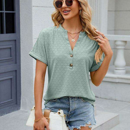 Chic Women's V-neck Button-Up Casual Tee with Short Sleeves