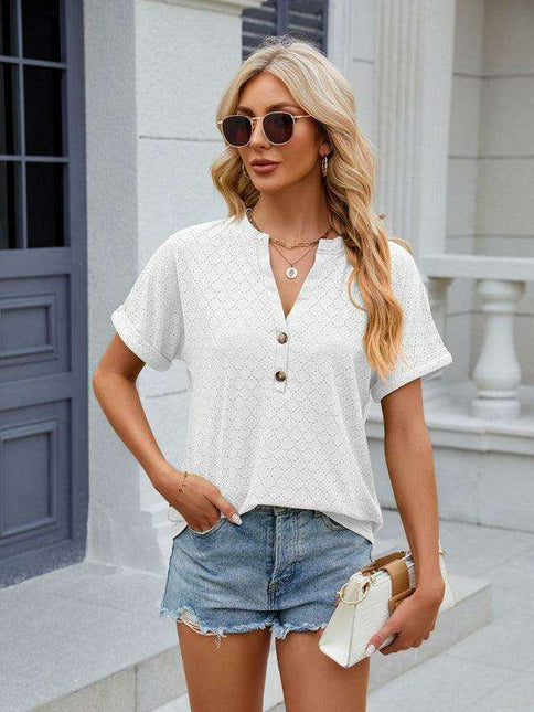 Chic Women's V-neck Button-Up Casual Tee with Short Sleeves
