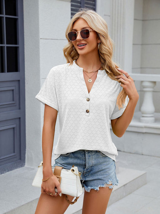 V-neck Buttoned Loose Fit Short Sleeve T-shirt for Women