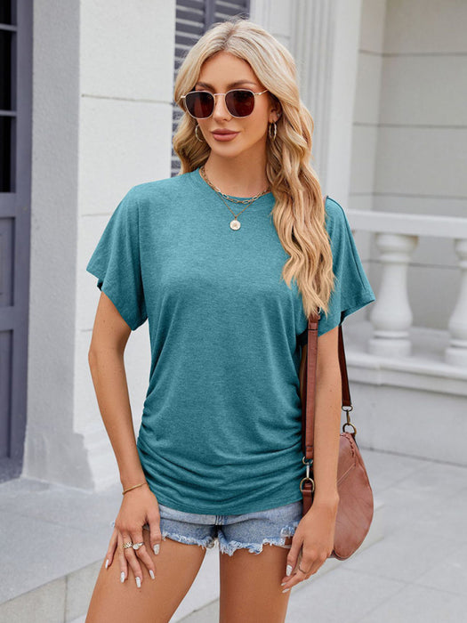 Pleated Solid Color Women's Loose Fit T-Shirt