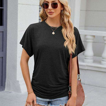 Elegant Pleated Solid Color Women's Everyday Tee
