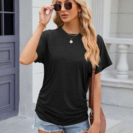 Elegant Pleated Solid Color Women's Everyday Tee
