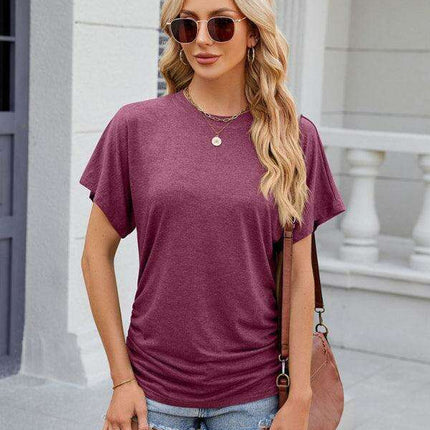 Elegant Pleated Solid Color Women's Everyday Tee