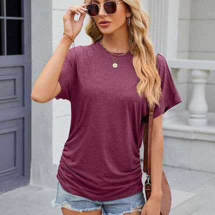 Elegant Pleated Solid Color Women's Everyday Tee