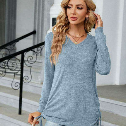 Chic Smocked V-Neck Long Sleeve Casual Blouse