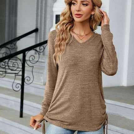 Chic Smocked V-Neck Long Sleeve Casual Blouse