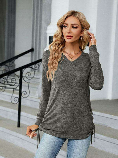 Chic Smocked V-Neck Long Sleeve Casual Blouse