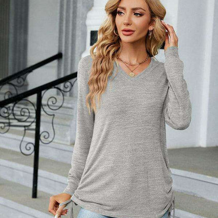 Chic Smocked V-Neck Long Sleeve Casual Blouse