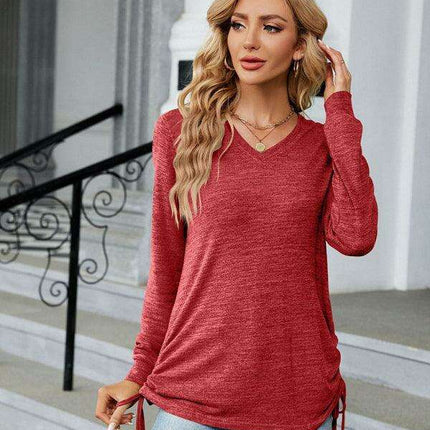 Chic Smocked V-Neck Long Sleeve Casual Blouse