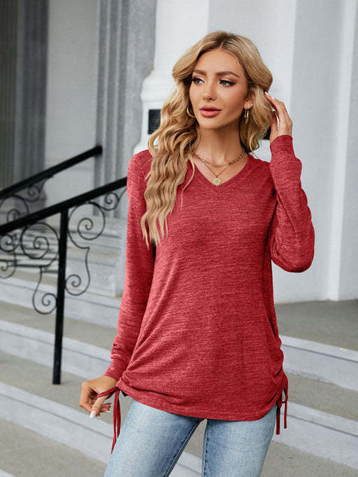 V-neck Smocked Loose Fit Long Sleeve T-shirt - Leisure Style