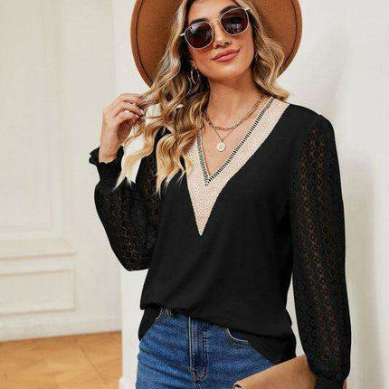 Chic Lace-Detail V-Neck Top with Trendy Oversized Sleeves for Ultimate Comfort