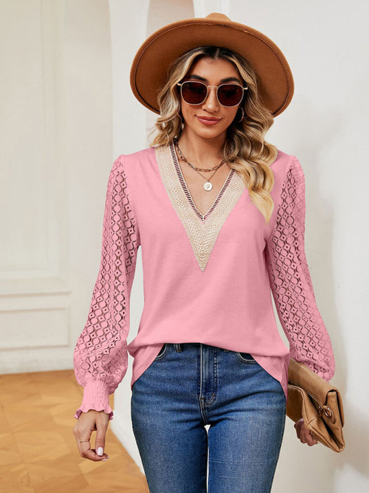 V-Neck Lace Patchwork Oversized Top with Dropped Shoulder Sleeves