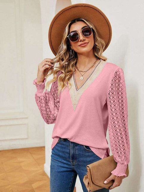 Chic Lace-Detail V-Neck Top with Trendy Oversized Sleeves for Ultimate Comfort