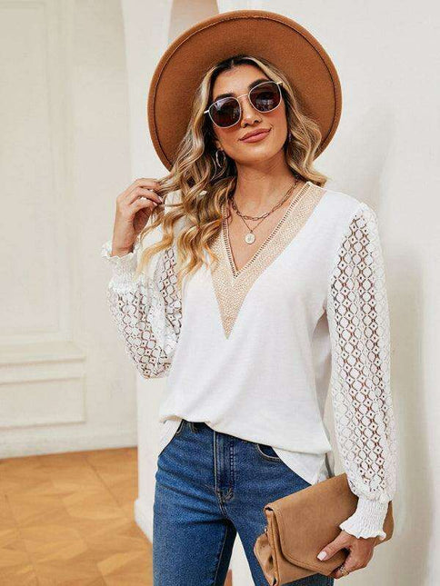 Chic Lace-Detail V-Neck Top with Trendy Oversized Sleeves for Ultimate Comfort
