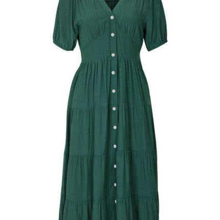 Chic V-Neck Dress with Decorative Waist Accents - Women's Fashion Essential