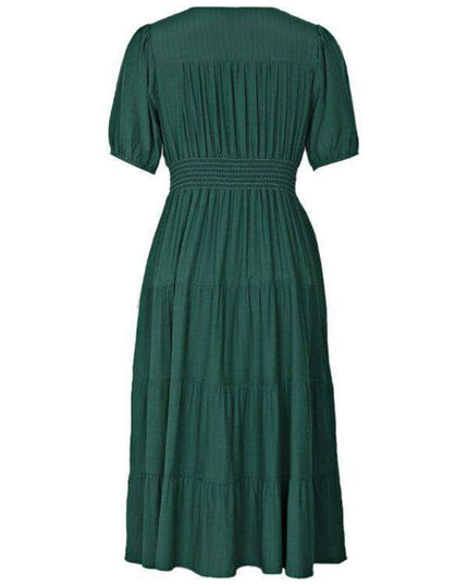 Chic V-Neck Dress with Decorative Waist Accents - Women's Fashion Essential