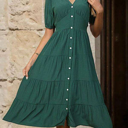 Chic V-Neck Dress with Decorative Waist Accents - Women's Fashion Essential