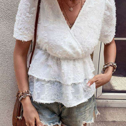 Chic V-neck Blouse with Stylish Double Hem for the Modern Woman