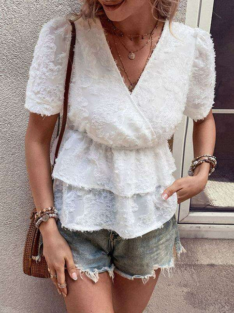 Chic V-neck Blouse with Stylish Double Hem for the Modern Woman