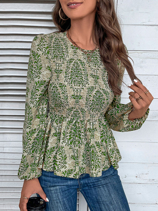Elegant Floral Patterned Women's Long Sleeve Top with a Flattering Silhouette