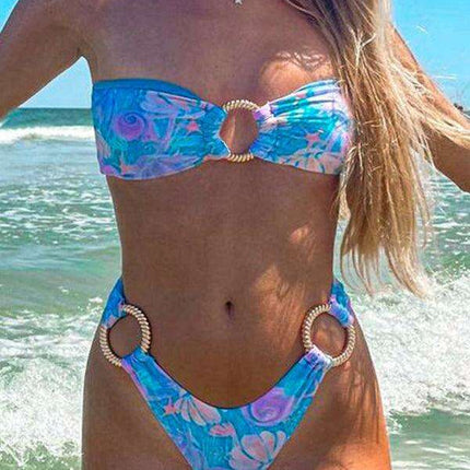 Boho Chic Ring-Embellished Bandeau Swimsuit with Unique Print