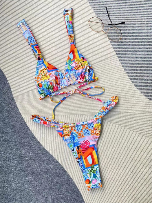 Strappy Split Bikini Set with Full Body Print - Women's Swimwear