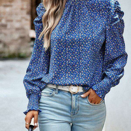 Chic Floral Turtleneck Blouse with Puff Sleeves - Stylish Women's Top