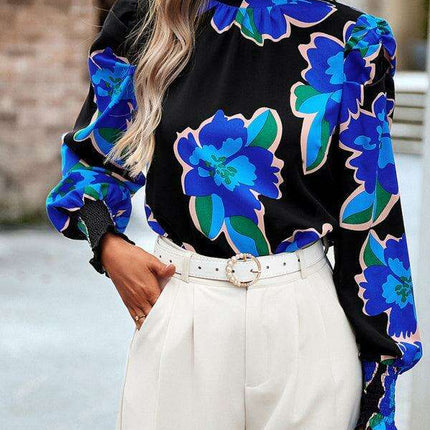 Chic Floral Turtleneck Blouse with Puff Sleeves - Stylish Women's Top