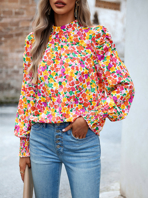 Elegant Floral Turtleneck Blouse - Chic Women's Top with Puff Sleeves