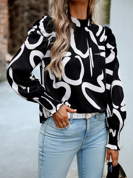 Elegant Floral Turtleneck Blouse - Chic Women's Top with Puff Sleeves