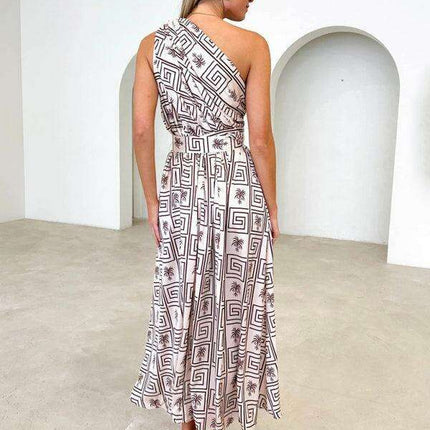 Elegant One-Shoulder Backless Dress with Unique Self-Design and Tailored Fit