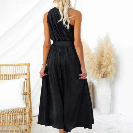 Elegant One-Shoulder Backless Dress with Unique Self-Design and Tailored Fit