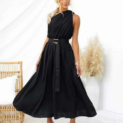 Elegant One-Shoulder Backless Dress with Unique Self-Design and Tailored Fit