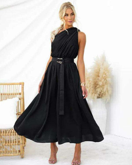 Elegant One-Shoulder Backless Dress with Unique Self-Design and Tailored Fit