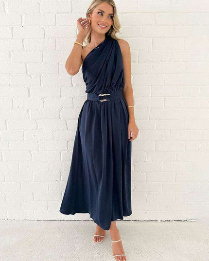 Elegant One-Shoulder Backless Dress with Unique Self-Design and Tailored Fit